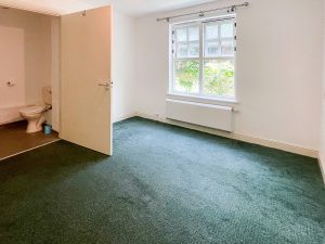 blue carpeted room with white walls and window frame