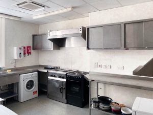 industrial kitchen with a washing machine