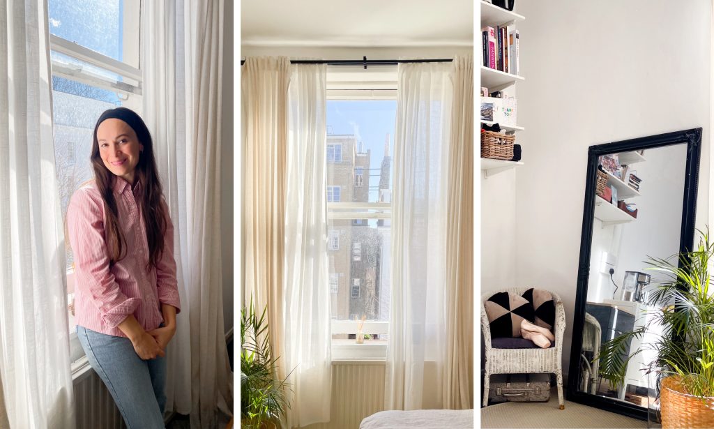 three photos - a woman in a pink shirt smiles at camera, a windowsill with white drapes, and a black framed mirror next to a plant