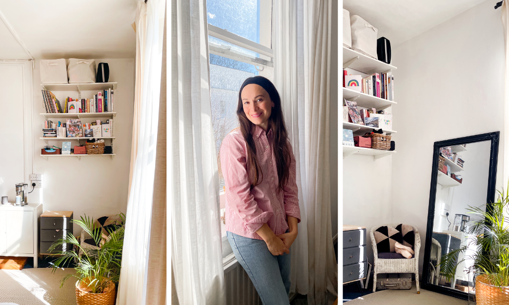 three photos, on the left and right are different angles of a bookshelf mounted on a wall. the middle photo is a woman with long brown hair smiling at the camera