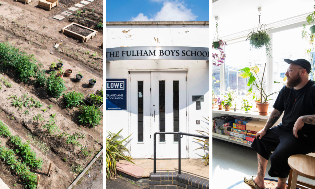 three images, on the left are some plants dug into a soil patch in rows. in the middle is a white building with a sign reading 'the fulham boys school' and on the right is a man sitting and smiling