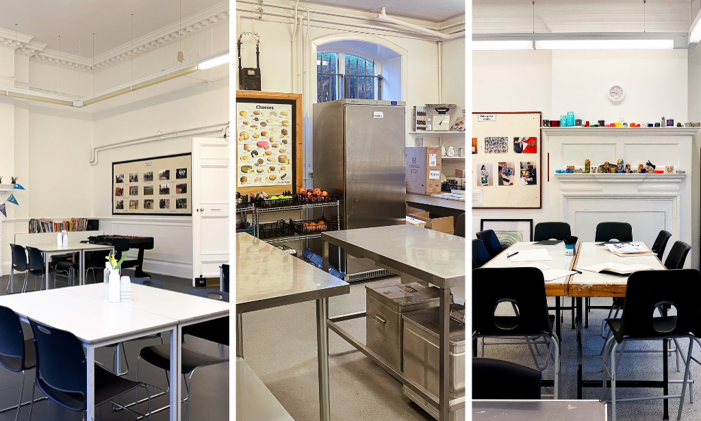 three photos, on the left and right are desks and chairs in a school classroom and in the centre is a school kitchen classroom with stainless steel benches