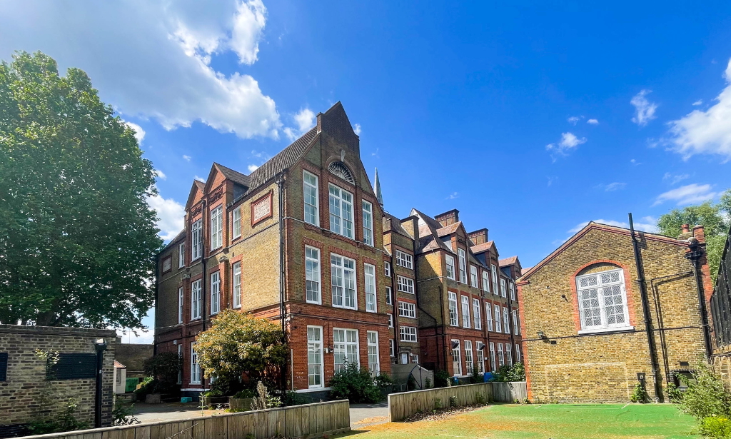 blue sky brick building
